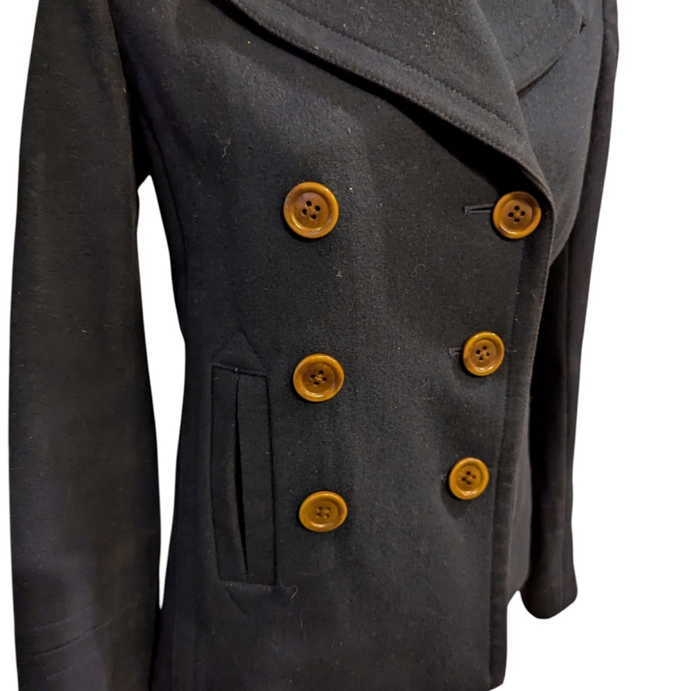 J. Crew Navy Peacoat Wool Blend Classic preppy Fisherman Double Breasted Sz S - Picture 6 of 10